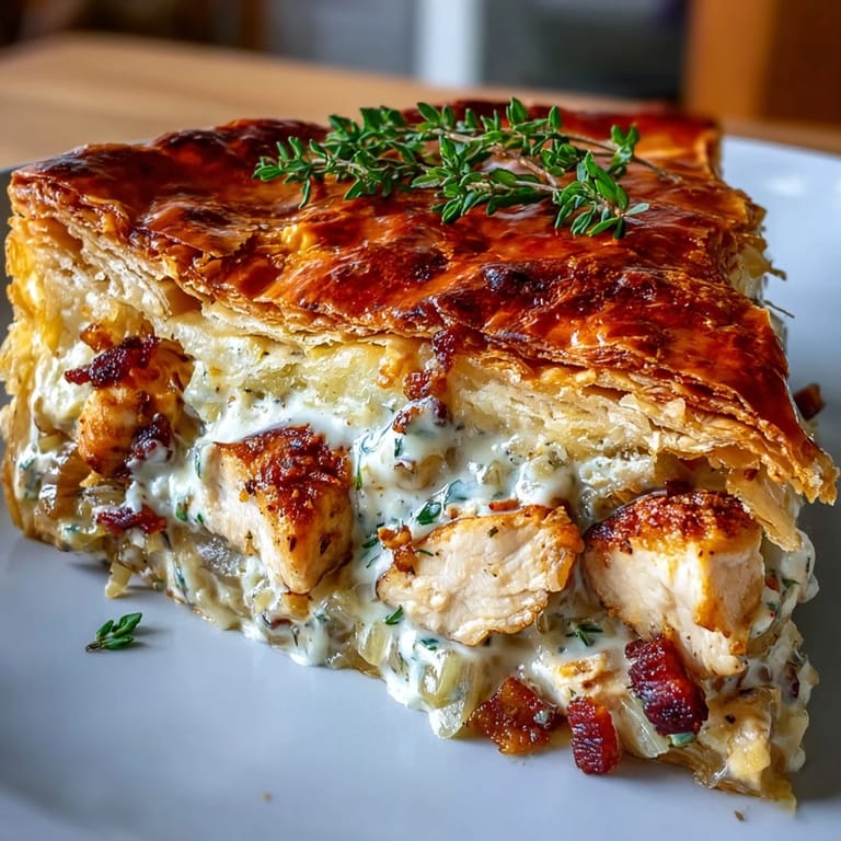 Close-up of steam rising from a rustic homemade chicken and leek pie, served on a plate.