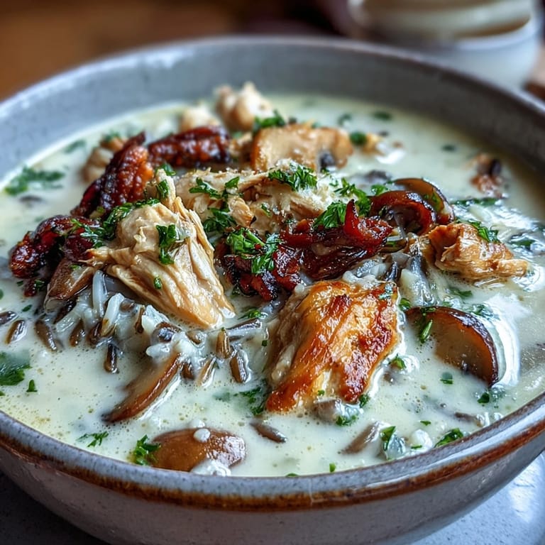 Hearty Parmesan Mushroom Chicken and Wild Rice Soup with tender chicken, earthy mushrooms, and creamy Parmesan broth.