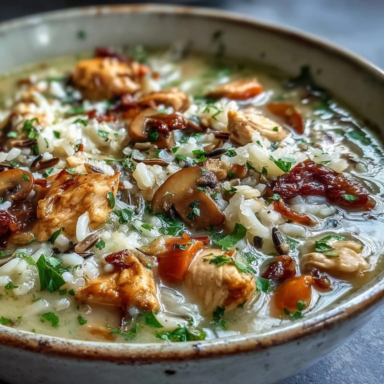 A rustic spoon dips into rich Parmesan Mushroom Chicken and Wild Rice Soup, ready to serve with crusty bread.