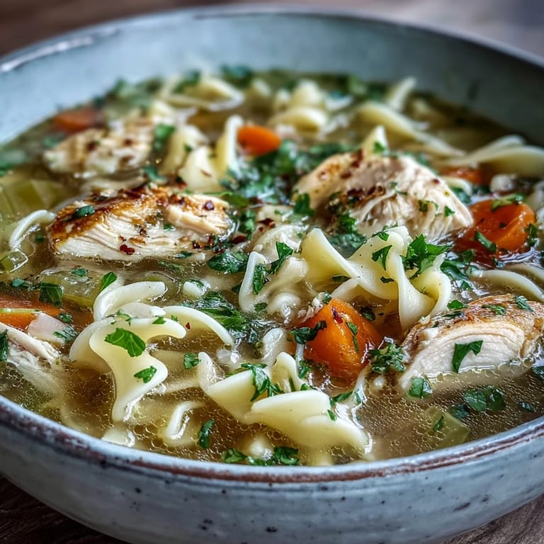 A close-up of chicken noodle soup showing vibrant vegetables and shredded chicken simmering in a golden, flavorful broth.