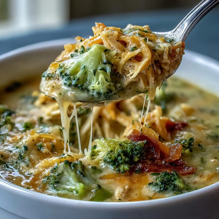 Steam rises from a bowl of Best Chicken Broccoli Cheddar Soup, garnished with fresh herbs. 