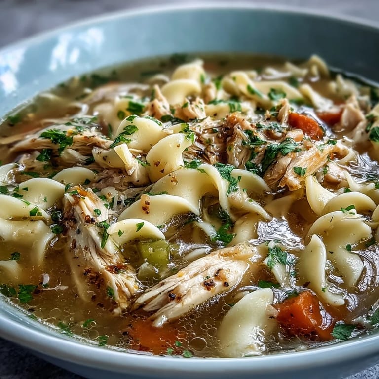 Comforting Chicken and Noodle Soup simmered with aromatic vegetables and herbs, perfect for a cozy family dinner.