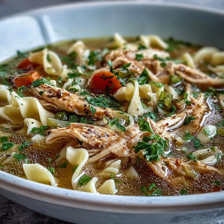 Hearty homemade Chicken and Noodle Soup featuring carrots, celery, and egg noodles, served in a rustic white bowl.  