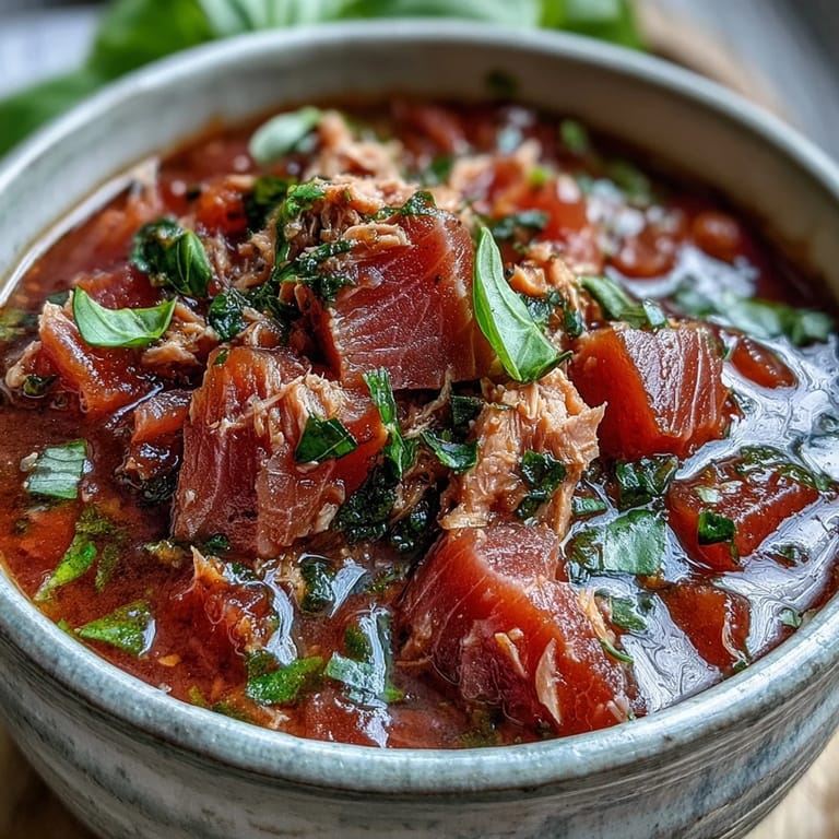 Close-up on tender tuna flakes simmering in rich Italian-inspired Tuna and Tomato Soup with herbs.