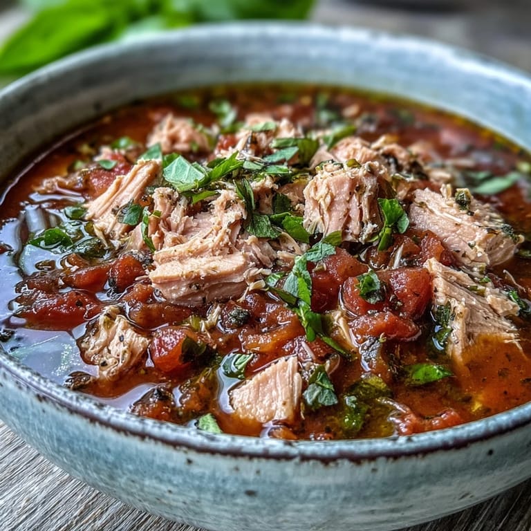 Hearty Tuna and Tomato Soup in a rustic bowl, ready to enjoy for a quick pescatarian meal.