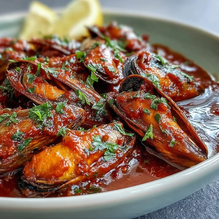Steaming Smoky Mussels Pomodoro in a skillet with tomato broth and fresh parsley garnish on a rustic table.