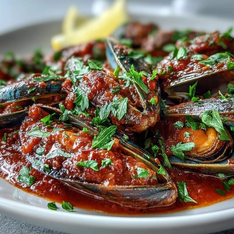Tender Smoky Mussels Pomodoro in a smoky tomato sauce, served with lemon wedges and fresh parsley for brightness.