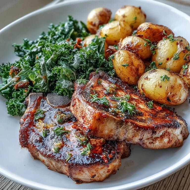 Juicy Aleppo Pork Chops marinated in smoky paprika, served alongside tender greens and potatoes.