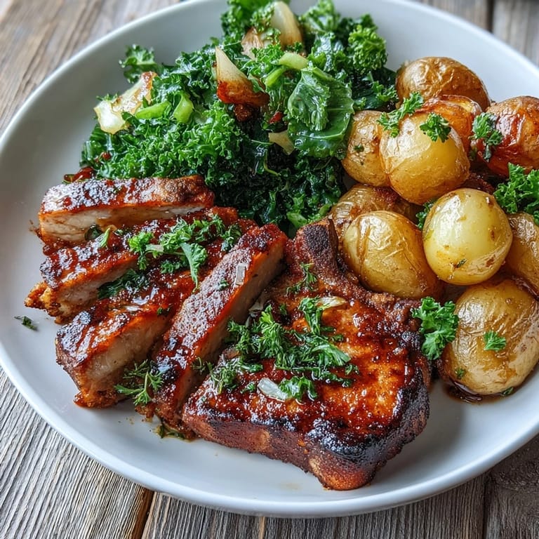 Four savory Aleppo Pork Chops plated with caramelized potatoes and bright, lemony greens.