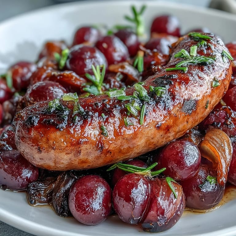 Savory-sweet Roasted Sausage and Grapes plated for dinner, garnished with fresh rosemary and ready to serve with crusty bread.