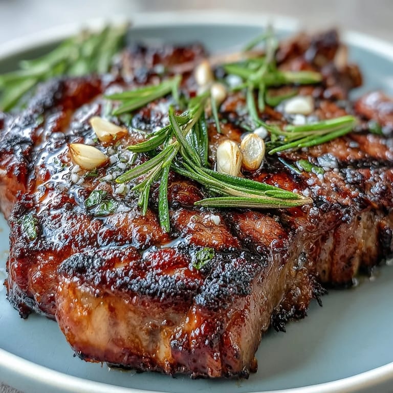 Hot off the grill, a thick rib eye is garnished with herbs and paired with seasonal vegetables.