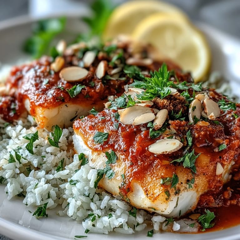 A close-up of tender Tomato-Roasted Cod with crunchy spiced almonds, bright tomato sauce, and fresh parsley, paired with aromatic ginger rice and lemon wedges.