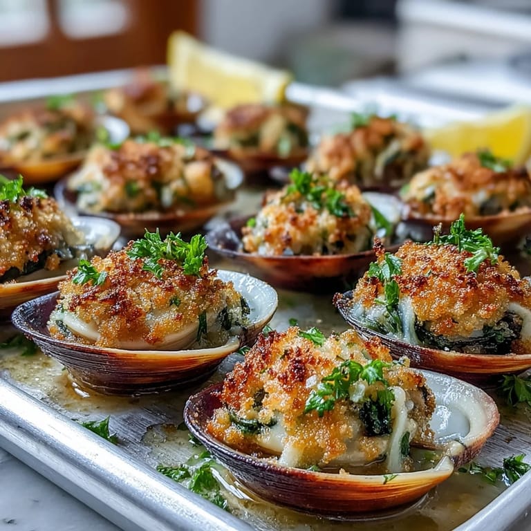 Juicy Roasted Clams With Lemony Panko baked in shells, garnished with bright green parsley.