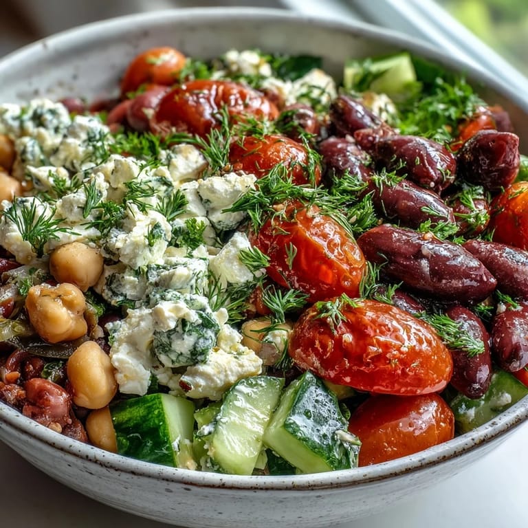Overhead view of Greek Bean Salad with Lemon Marinated Beans, artfully arranged with red onion slices and a lemon wedge.
