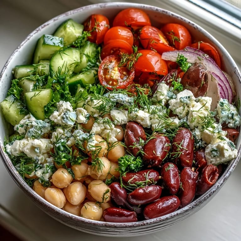 Sunlit bowl of Greek Bean Salad with Lemon Marinated Beans, highlighting crisp cucumbers, juicy tomatoes, and fresh herbs.  