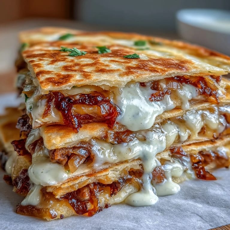 Close-up of a slice of Cheesy Griddled Smashburger Quesadillas, revealing juicy smashburger patties and melty cheese layers between flour tortillas.