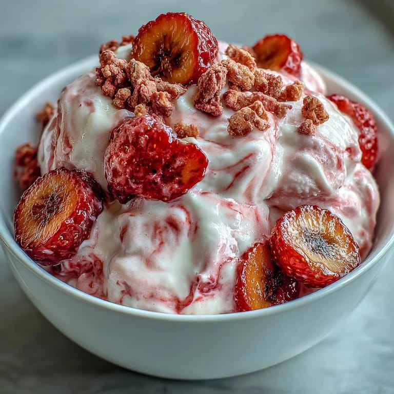 Vegan-friendly Strawberry & Banana Yoghurt Clusters arranged on a tray with fresh strawberries and bananas, ideal for a healthy frozen dessert.