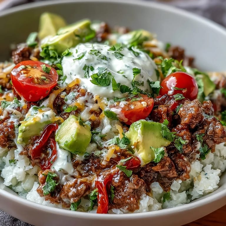 Flavorful Low Carb Burrito Bowl with seasoned beef, cauliflower rice, avocado, and fresh lime wedges on the side.