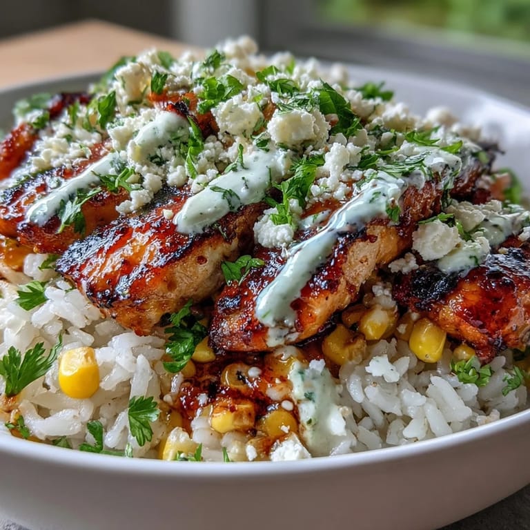 A close-up of Street Corn Chicken and Rice Bowls featuring golden cotija cheese, fresh cilantro, and lime wedges ready for a weeknight meal.