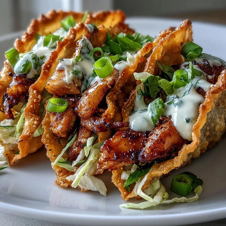 Crispy Chicken Wonton Tacos with lime wedges and fresh cilantro, served warm for a playful Asian fusion dinner.