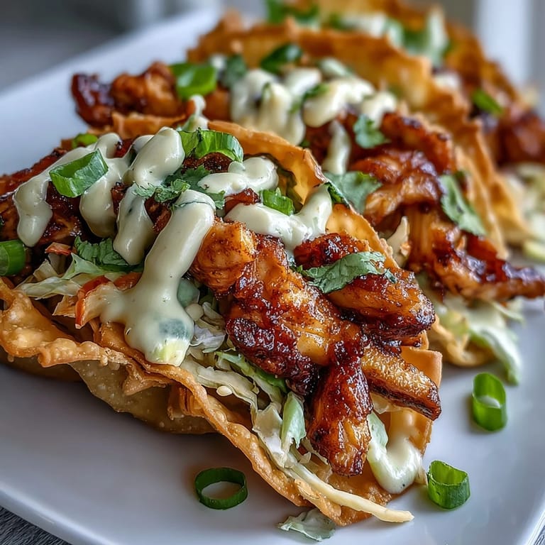 Golden fried wonton shells cradle smoky seasoned chicken and tangy slaw for Crispy Chicken Wonton Tacos topped with spicy mayo.