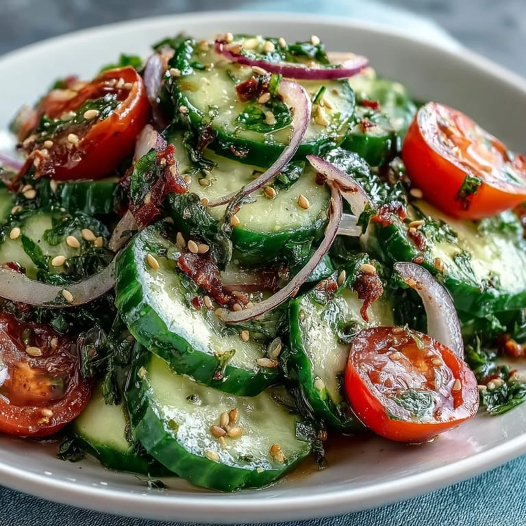 Bright, crunchy cucumber salad garnished with herbs and sesame on a rustic table.