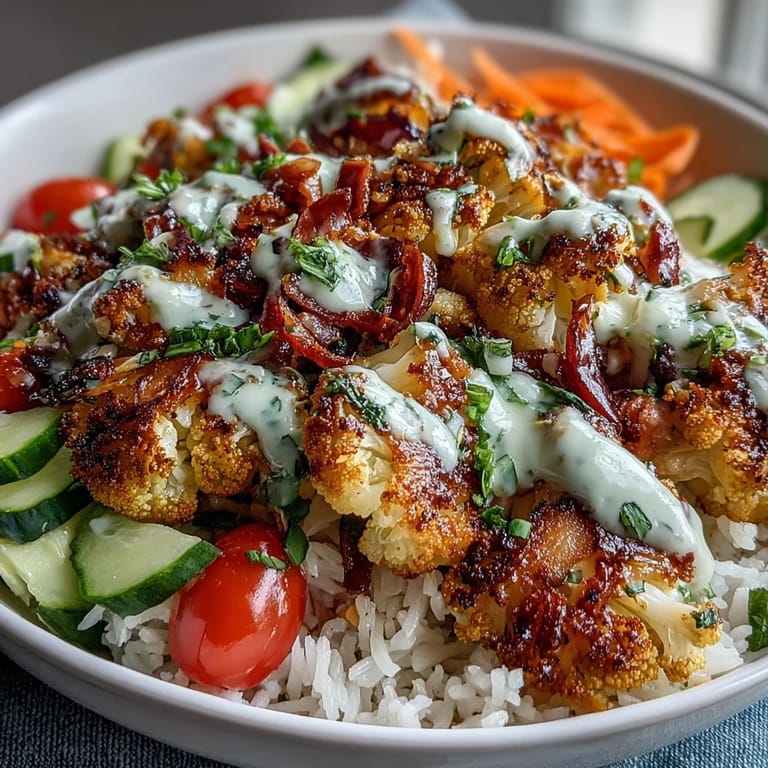 Serving suggestion for a vegetarian Roasted Cauliflower Bowl: colorful vegetables like carrots and tomatoes piled on fluffy rice, with roasted cauliflower and a glistening tahini sauce.