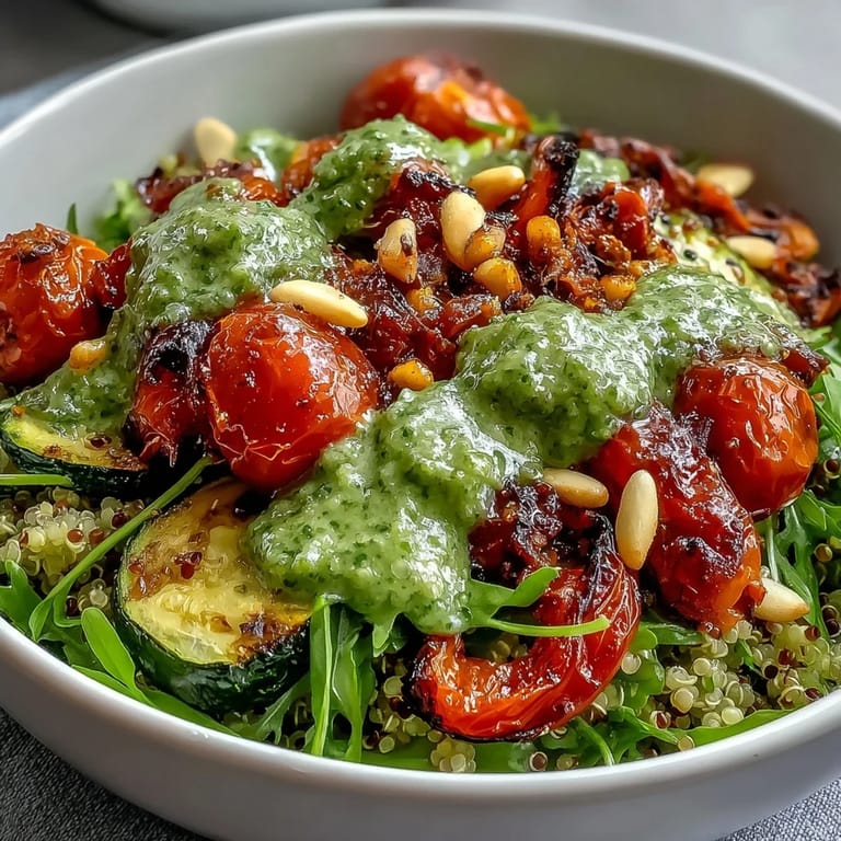 Savory Arugula Pesto Bowl featuring golden roasted bell peppers and cherry tomatoes on a bed of fresh arugula.