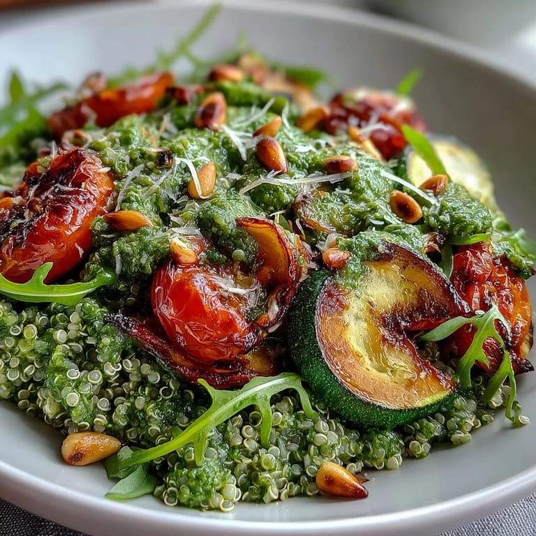 Colorful Arugula Pesto Bowl ready to serve, garnished with toasted pine nuts and a bright lemony drizzle.