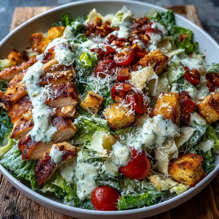 This Romaine Caesar Bowl features crisp romaine, homemade croutons, and grilled shrimp, with cherry tomatoes and Parmesan for a fresh finish.