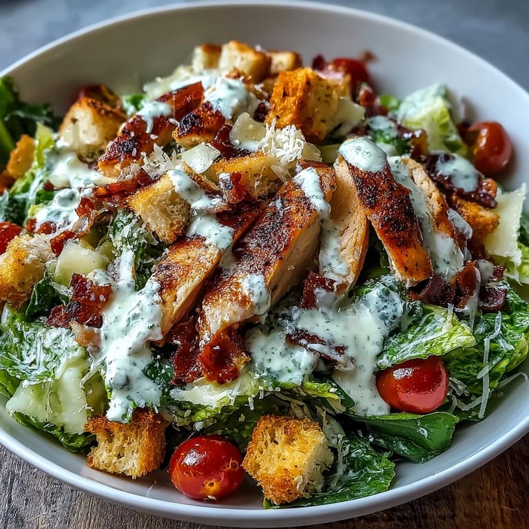 Serving suggestion for a Romaine Caesar Bowl with roasted chickpeas, crunchy croutons, and a creamy Caesar dressing over fresh chopped lettuce.