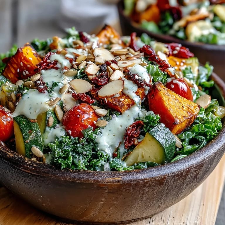 Vibrant vegan kale salad bowl featuring massaged greens, roasted vegetables, and creamy tahini dressing.  