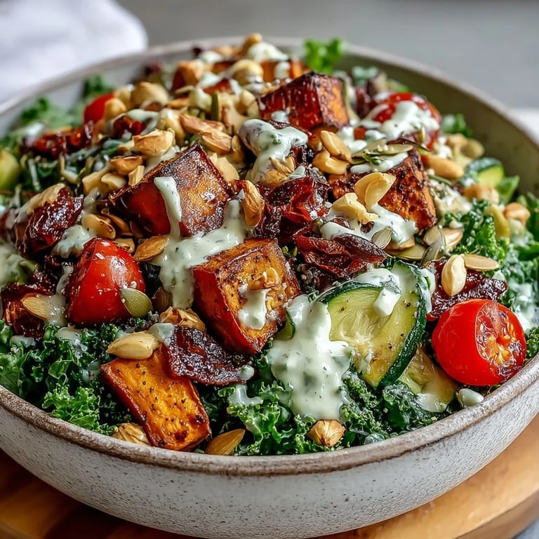 Healthy kale salad bowl with roasted veggies, almonds, pumpkin seeds, and a lemon-tahini drizzle.