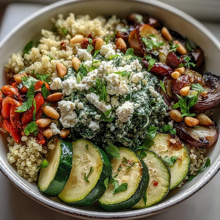 Wholesome Mediterranean grain bowl featuring quinoa, vibrant veggies, and tangy feta cheese for a nutritious vegetarian meal.  
