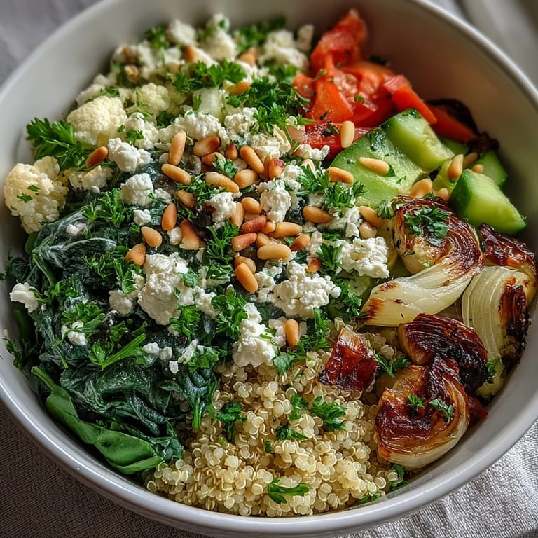Healthy spinach and feta grain bowl with a rainbow of fresh vegetables, topped with crunchy pine nuts and herbs.