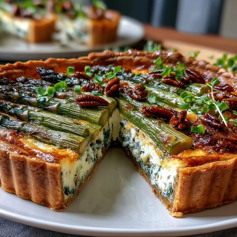 Flaky pastry base layered with rich crème fraîche, crisp asparagus spears, and melted Gruyère—an elegant vegetarian dish.
