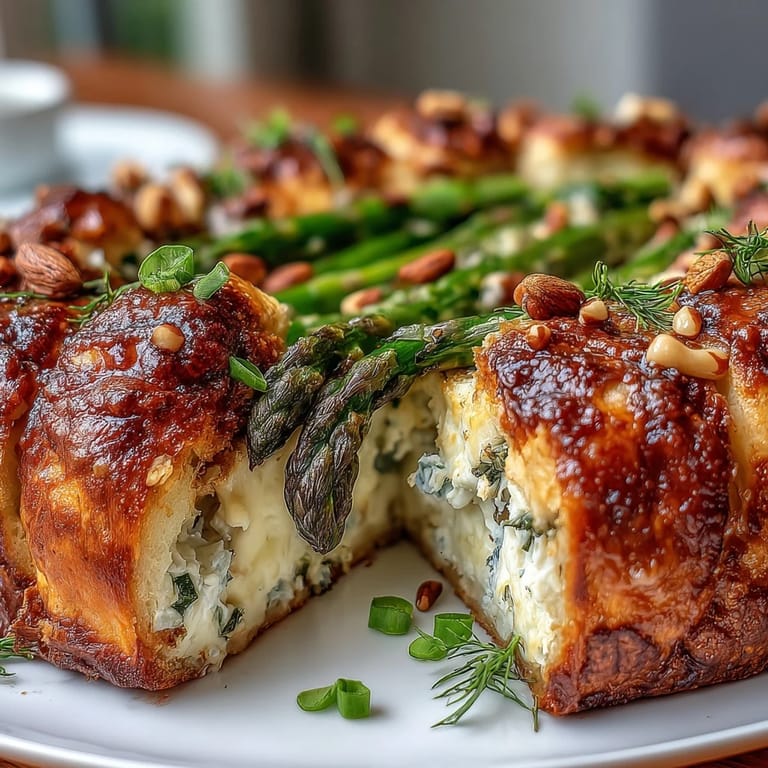 Spring asparagus arranged over a savory cheese spread on buttery puff pastry, finished with lemon zest and chives.