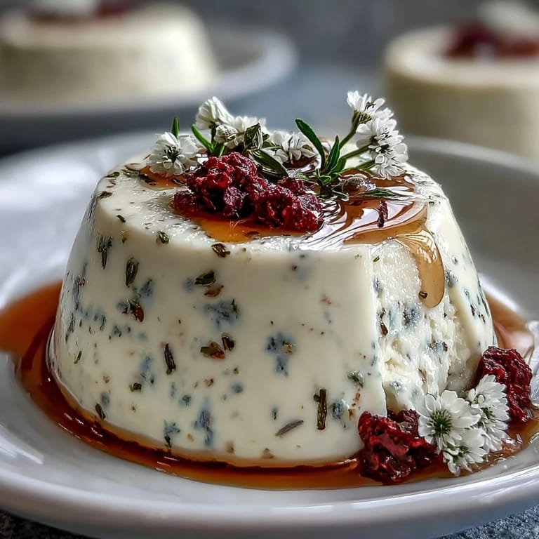 Delicate lavender panna cotta with honey flavor, topped with fresh berries and a light honey glaze for a fragrant finish.