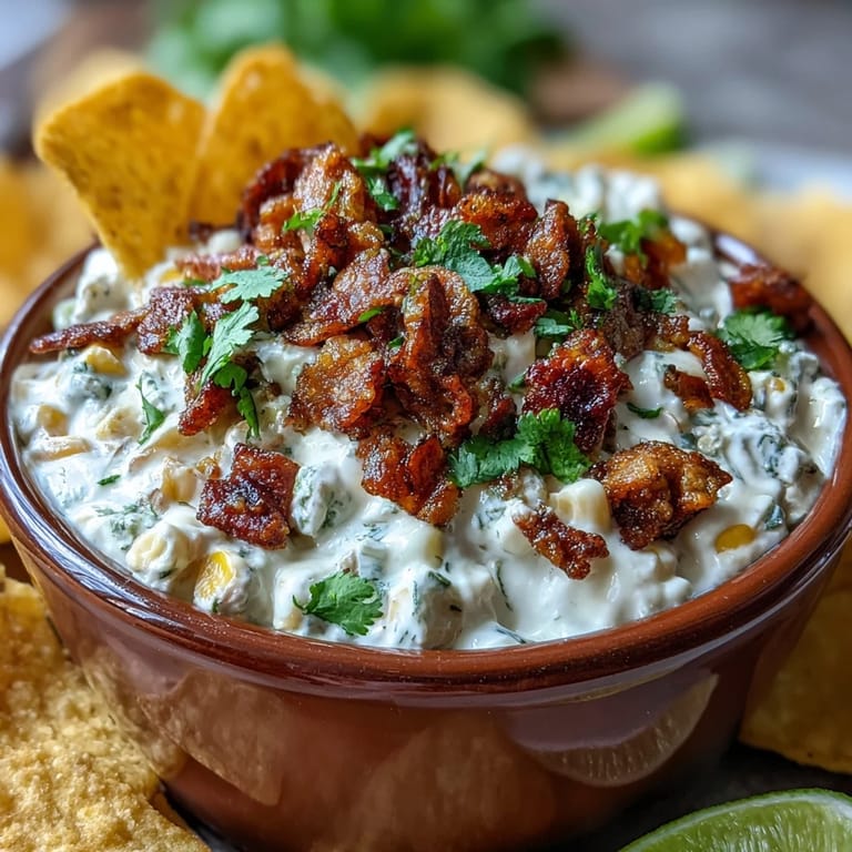 Vibrant Elote Dip featuring smoky grilled corn, tangy lime, and spicy jalapeño, perfect for scooping up with crunchy tortilla chips.