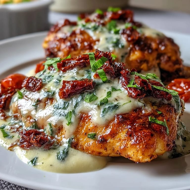 Golden seared chicken breasts smothered in creamy Tuscan sauce, featuring sun-dried tomatoes and fragrant herbs.