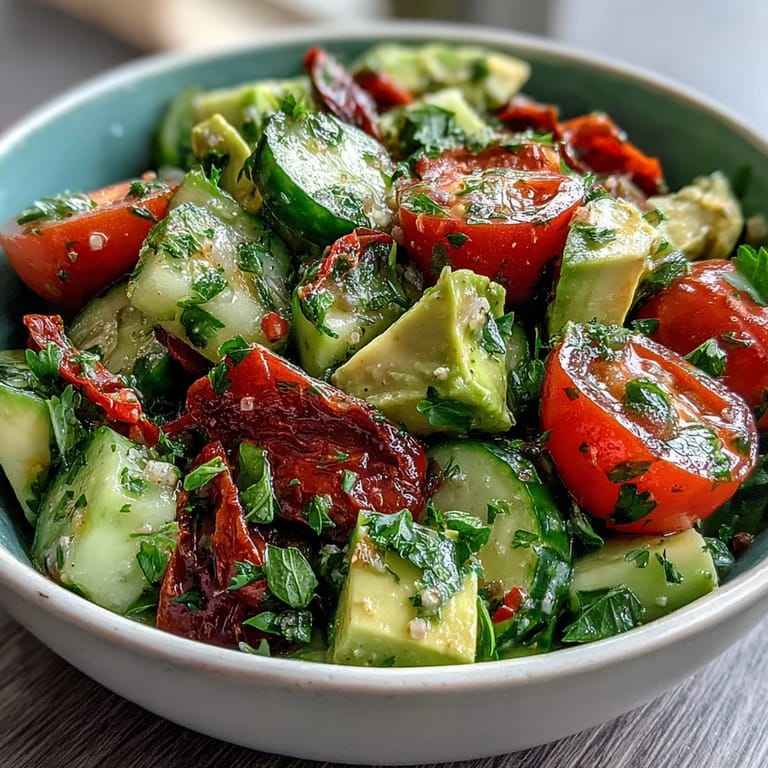 Creamy avocado and crisp cucumber combine with juicy tomatoes in a zesty lemon dressing for a light, healthy salad.  