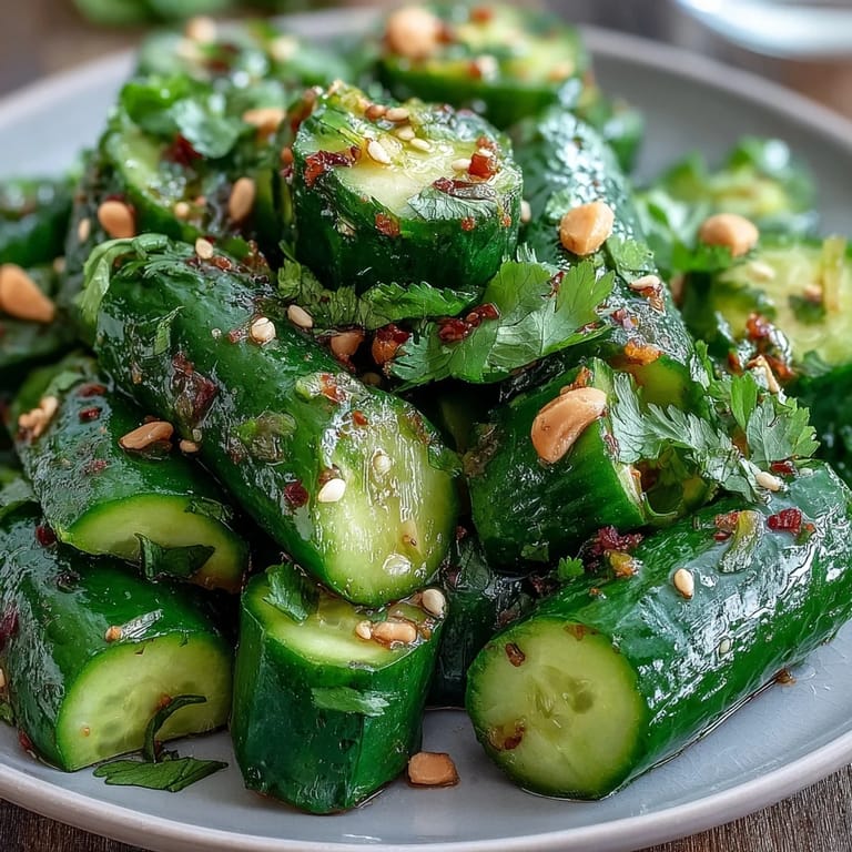 Refreshing smashed cucumber salad, infused with chili garlic oil, perfect for summer meals.