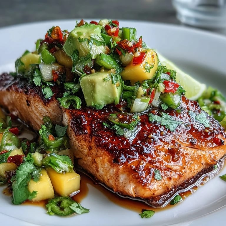Oven-baked salmon with juicy mango avocado salsa, offering a bright, refreshing flavor perfect for warm evenings.
