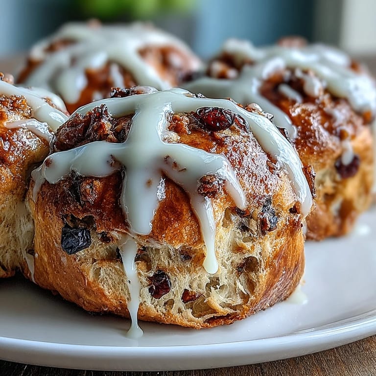 Golden hot cross buns with orange zest and currants, topped with a fragrant citrus glaze.  