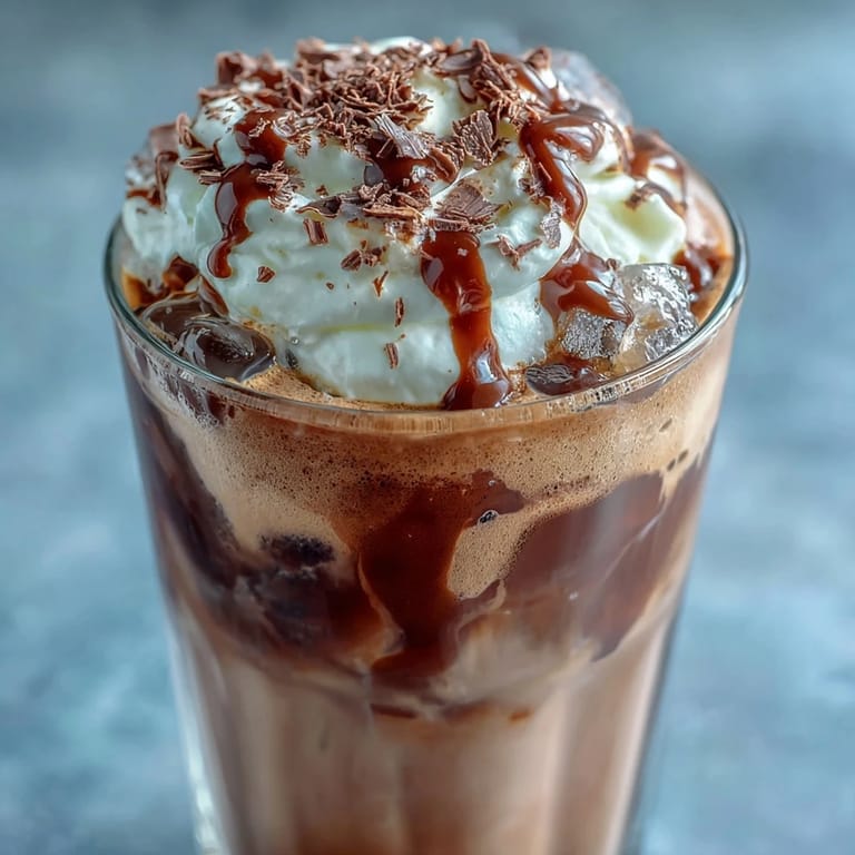 A creamy layer of chocolate-infused whipped cream floats over iced cold brew, creating a luxurious coffee indulgence.