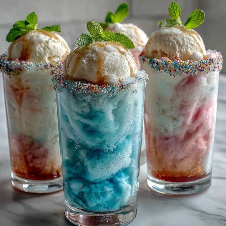 Refreshing cotton candy lemonade float featuring vanilla ice cream, vibrant lemonade, and dreamy pink cotton candy, garnished with mint and lemon.