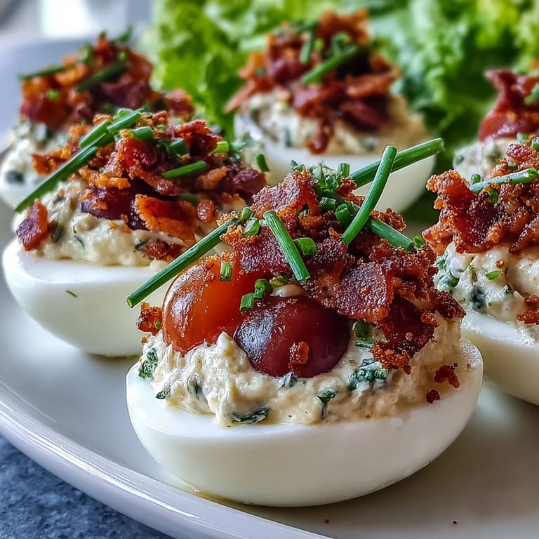 Creamy BLT Deviled Eggs topped with juicy tomatoes, shredded lettuce, and smoky bacon bits.