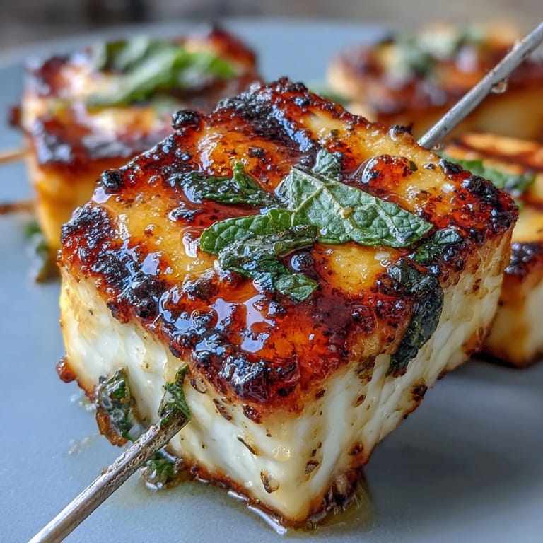 Vibrant grilled skewers showcase golden halloumi, juicy watermelon, and fragrant mint leaves for a refreshing Mediterranean appetizer.  