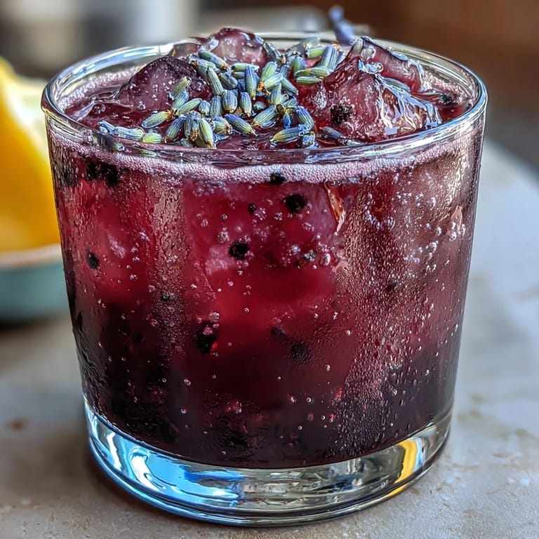 Elegant lavender-infused blackberry lemonade with effervescent sparkle, garnished with fresh herbs and berries for garden party perfection.