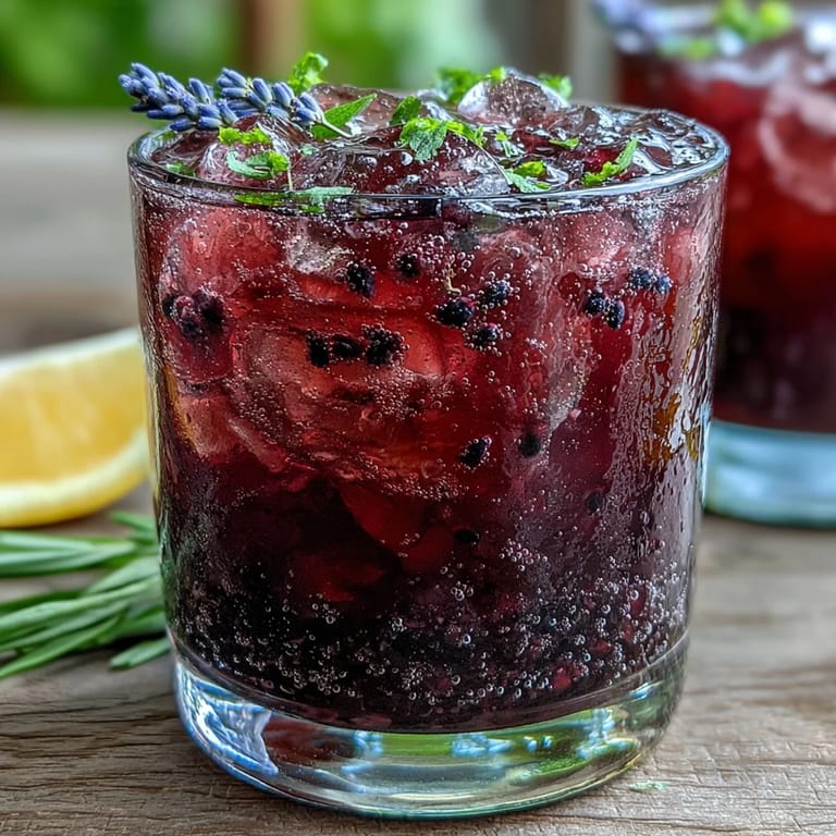 Refreshing summer drink featuring floral lavender notes, juicy blackberries, and bright lemon in a tall glass with sparkling bubbles.  